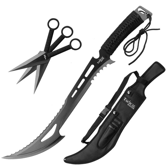 Tactical Master 26" Black/White Machete with 3 pcs 6" throwing knife