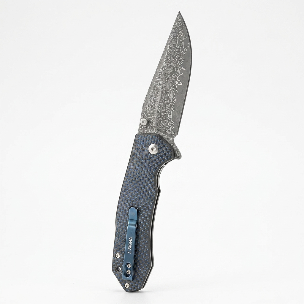 Damascus Ball Bearing Flipper Knife - Carbon Fiber Handle
