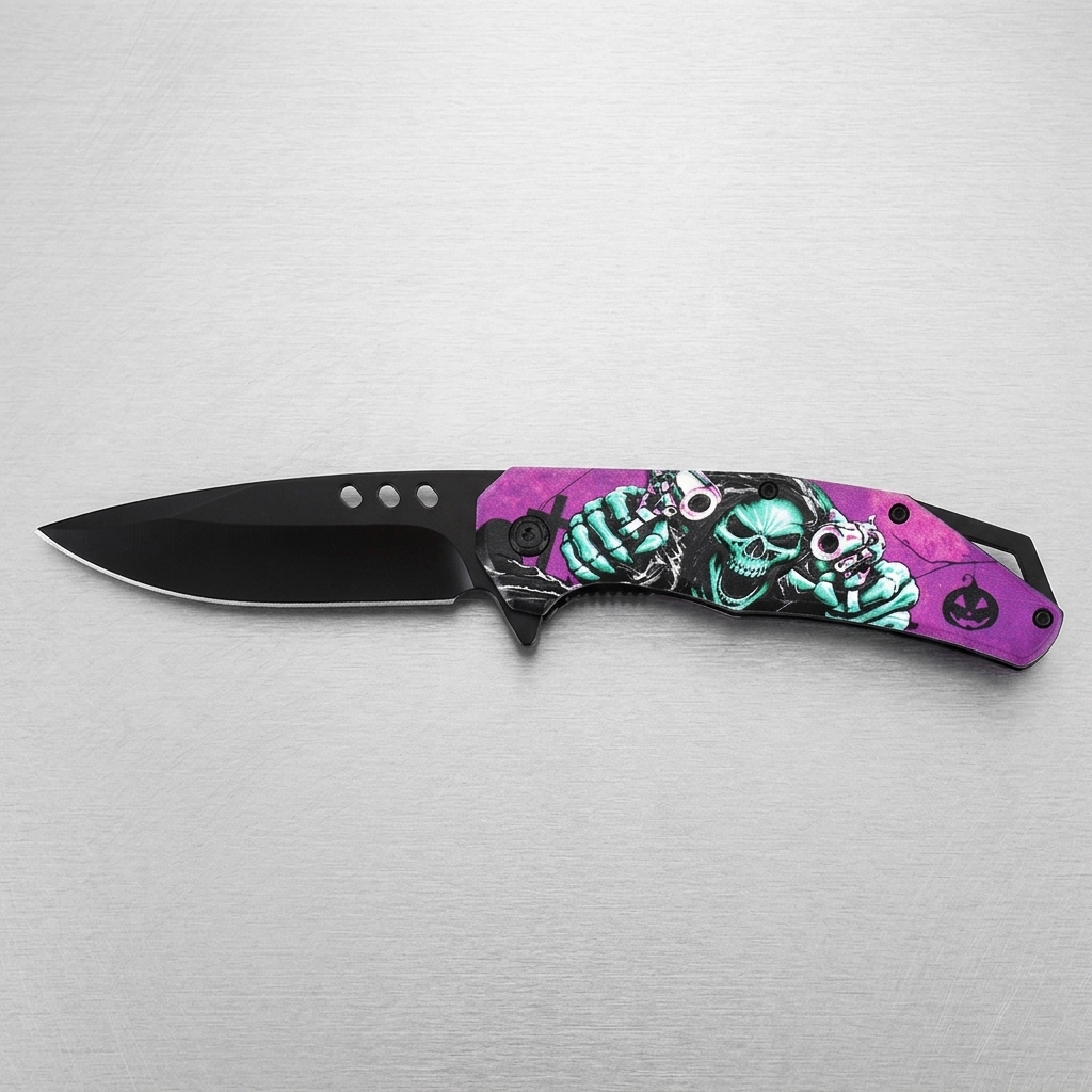 Grim Reaper Folding Pocket Knife, 3mm Black Blade & ABS Handle | KS1498TC