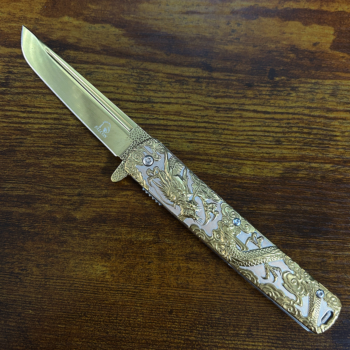 Falcon Dragon Engraved Gold Spring Assisted Pocket Knife