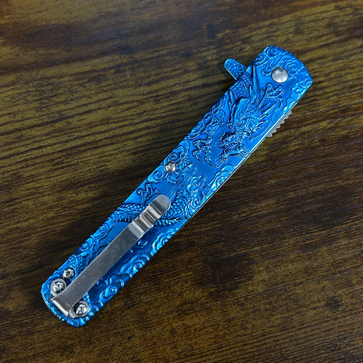 Falcon Dragon Engraved Blue Spring Assisted Pocket Knife