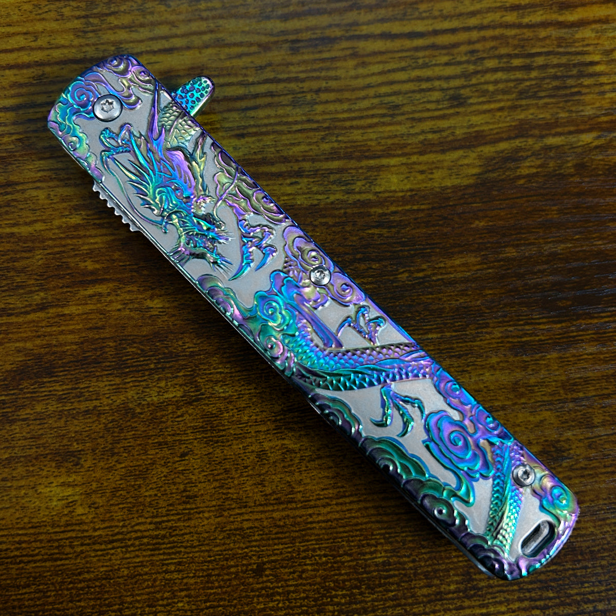 Falcon Dragon Engraved Rainbow Spring Assisted Pocket Knife