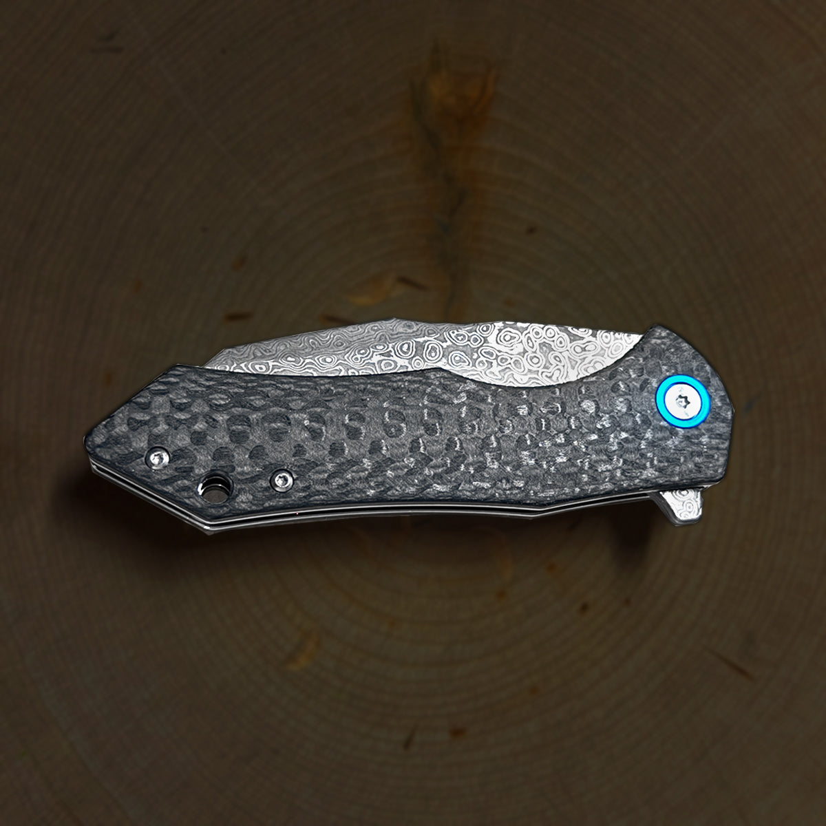 Damascus Ball Bearing Flipper Knife - Black Handle