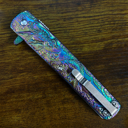 Falcon Dragon Engraved Rainbow Spring Assisted Pocket Knife