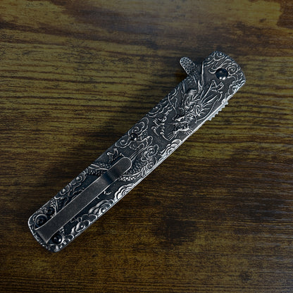 Falcon Dragon Engraved Black Spring Assisted Pocket Knife