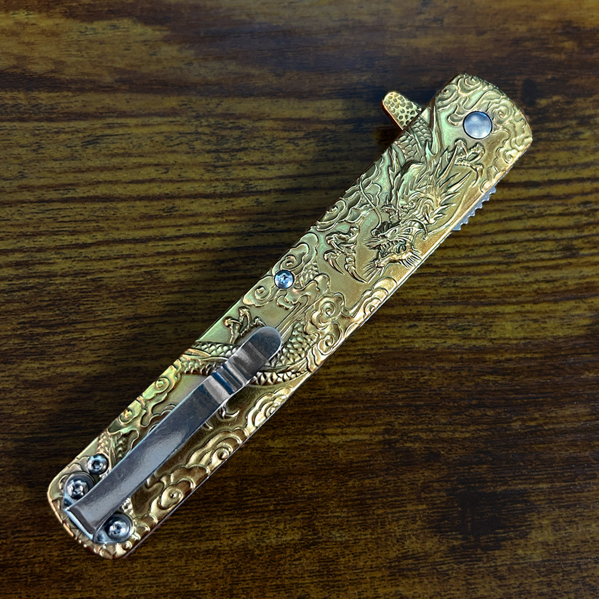 Falcon Dragon Engraved Gold Spring Assisted Pocket Knife