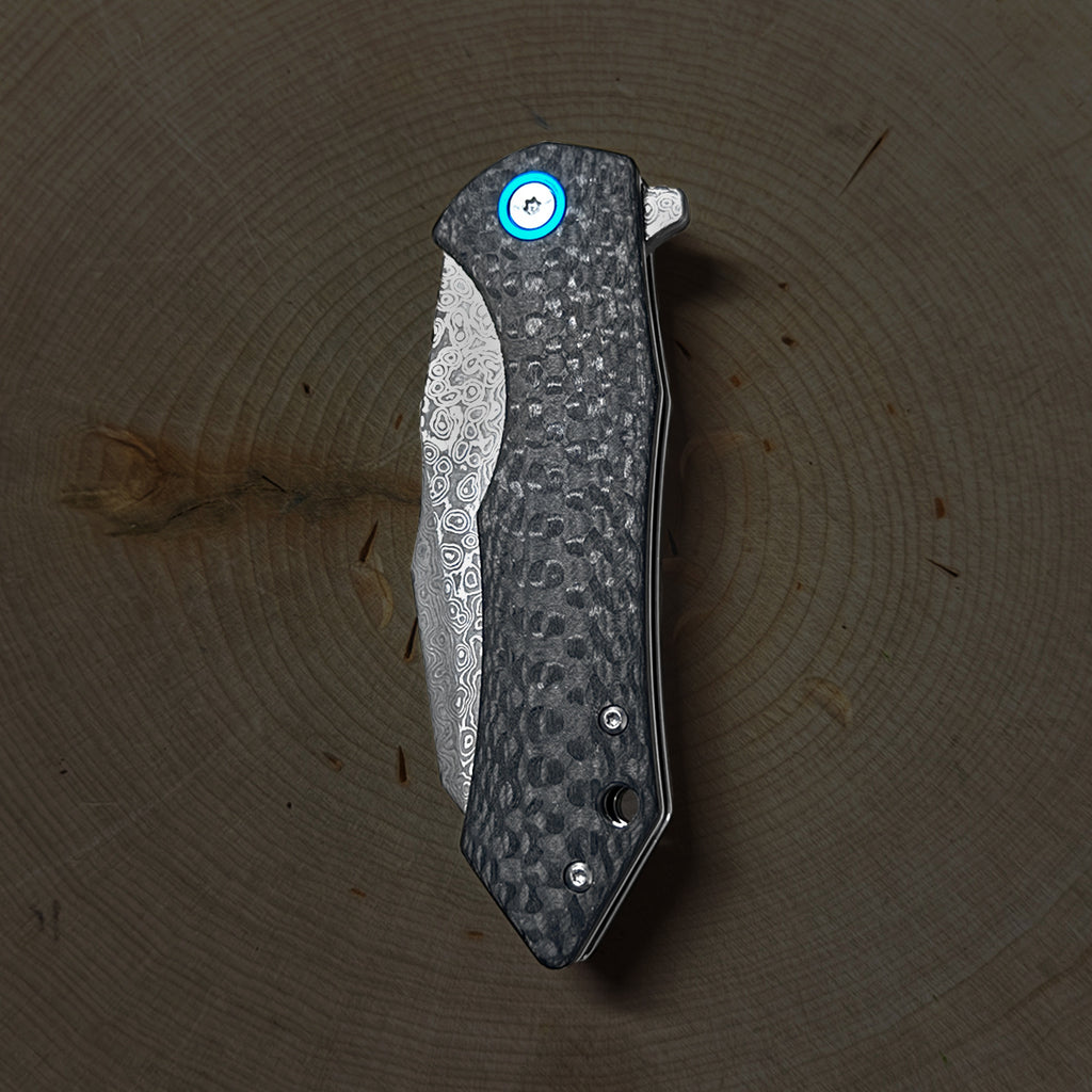 Damascus Ball Bearing Flipper Knife - Black Handle