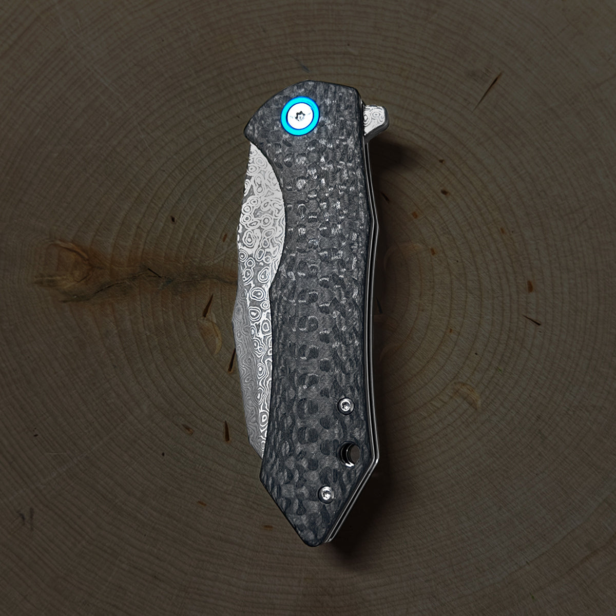 Damascus Ball Bearing Flipper Knife - Black Handle