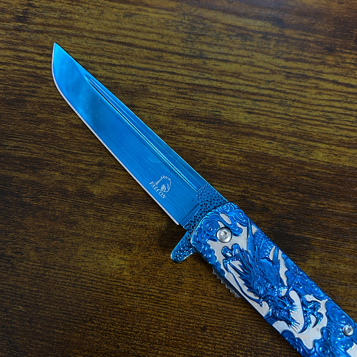Falcon Dragon Engraved Blue Spring Assisted Pocket Knife