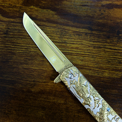 Falcon Dragon Engraved Gold Spring Assisted Pocket Knife