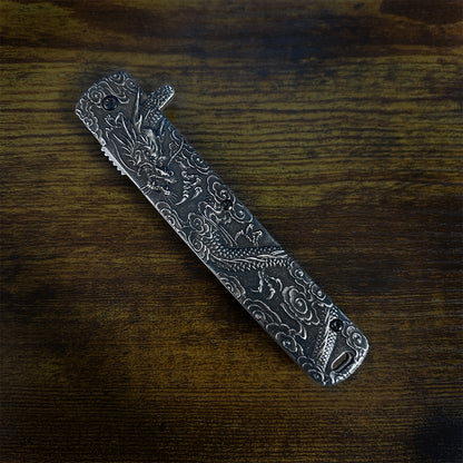 Falcon Dragon Engraved Black Spring Assisted Pocket Knife