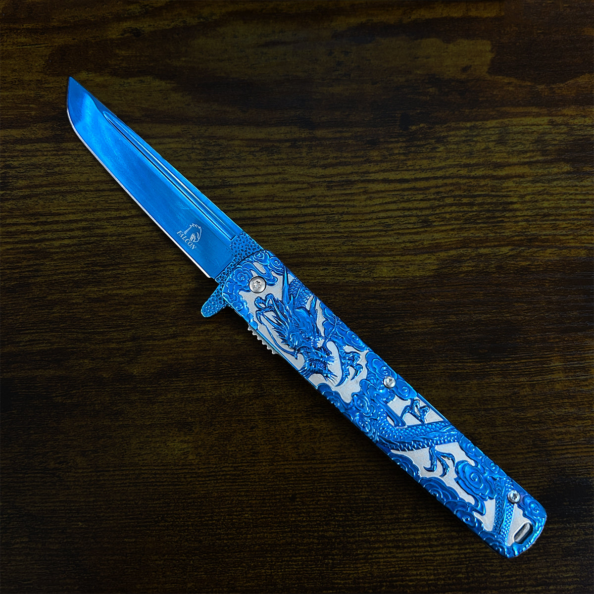 Falcon Dragon Engraved Blue Spring Assisted Pocket Knife