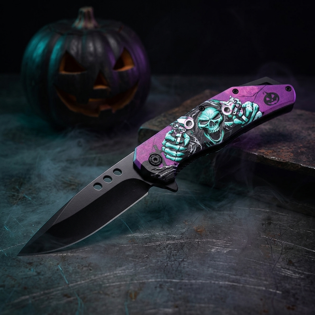 Grim Reaper Folding Pocket Knife, 3mm Black Blade & ABS Handle | KS1498TC