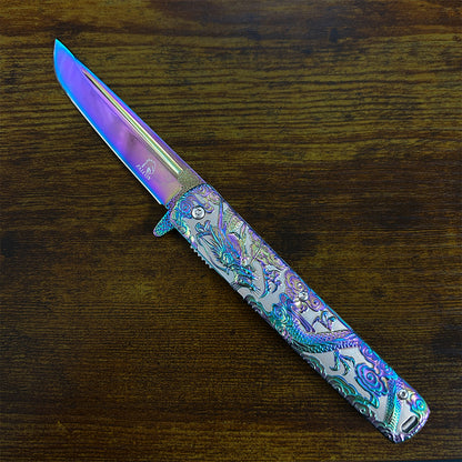 Falcon Dragon Engraved Rainbow Spring Assisted Pocket Knife