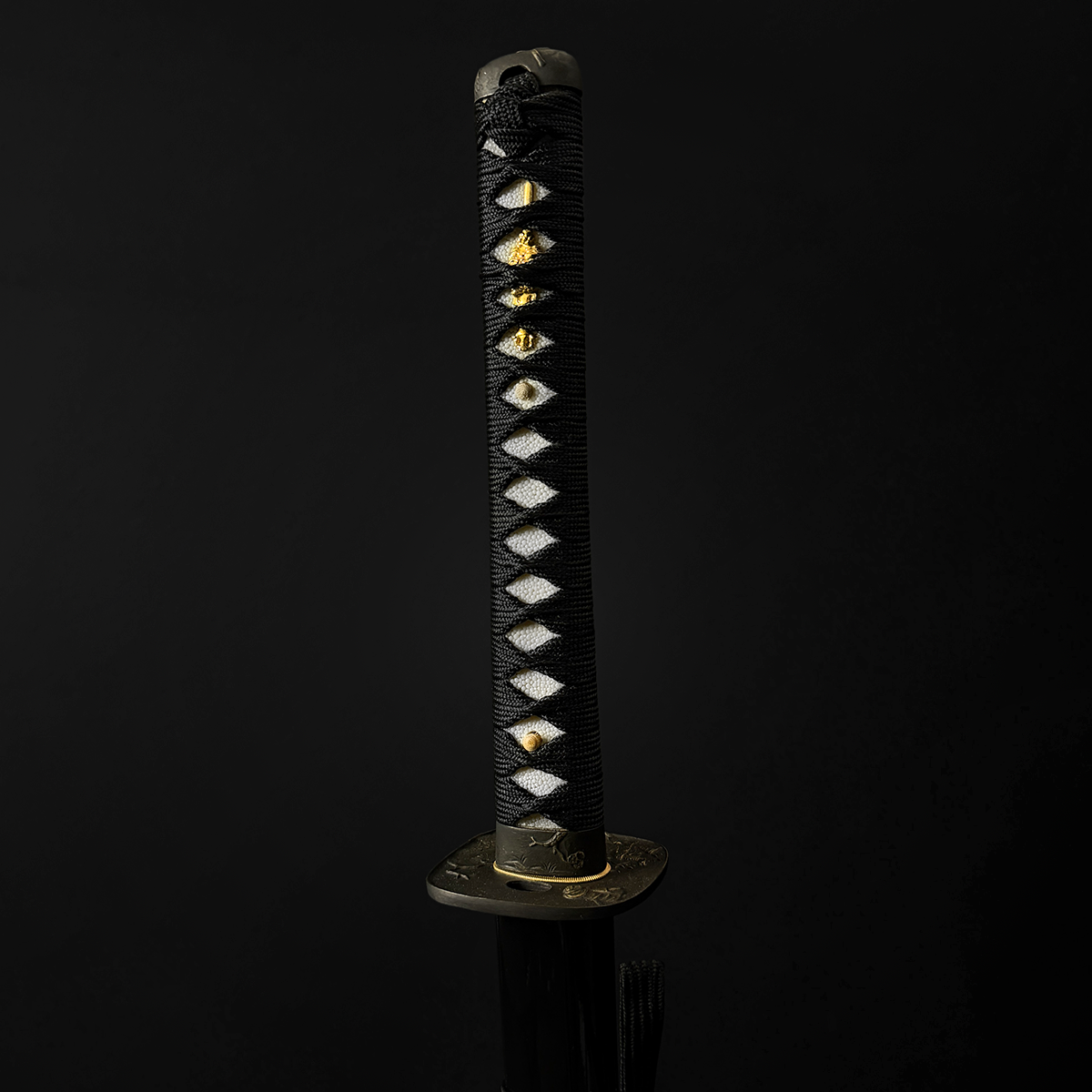 Black wrapped katana handle with menuki । Pacific Solution.