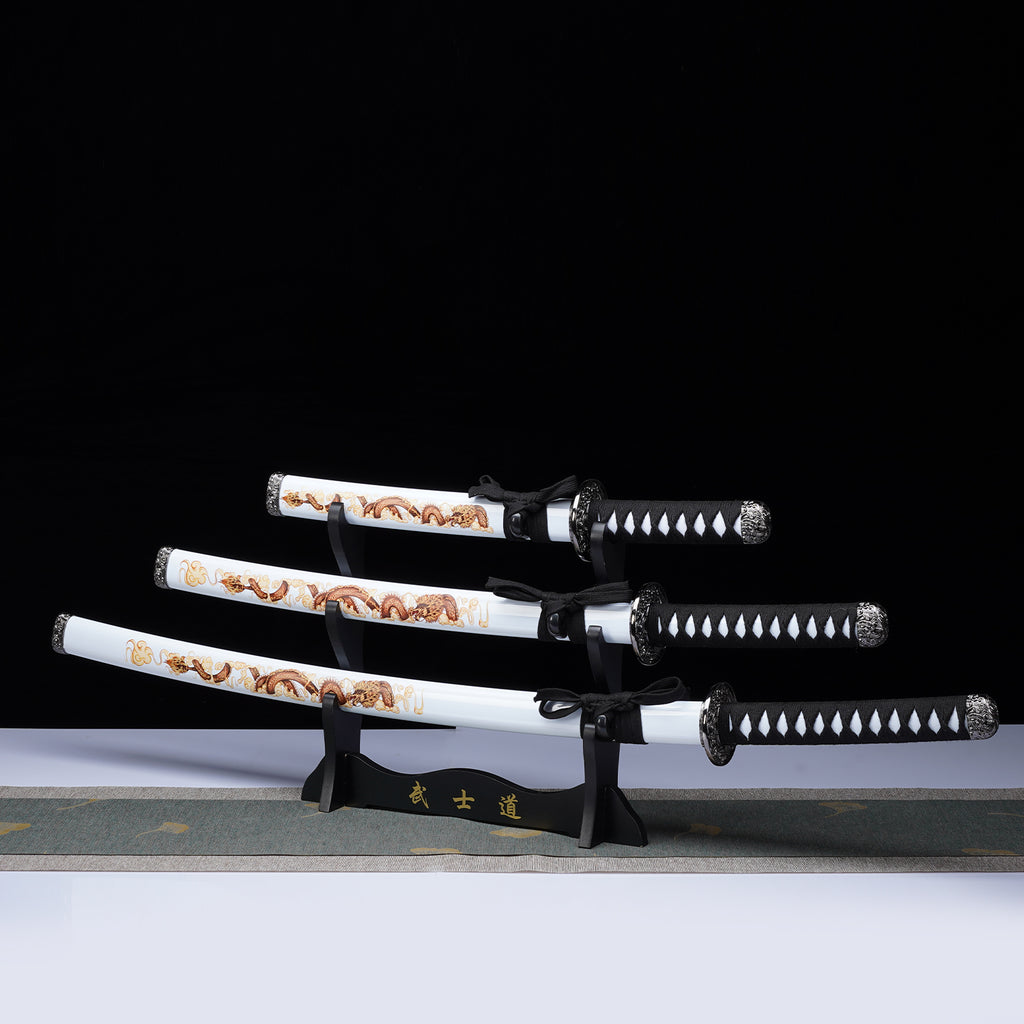 3Pcs White Samurai Sword Set with Stand