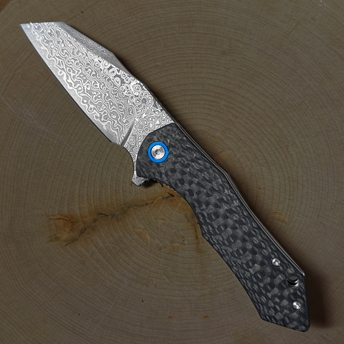 Damascus Ball Bearing Flipper Knife - Black Handle