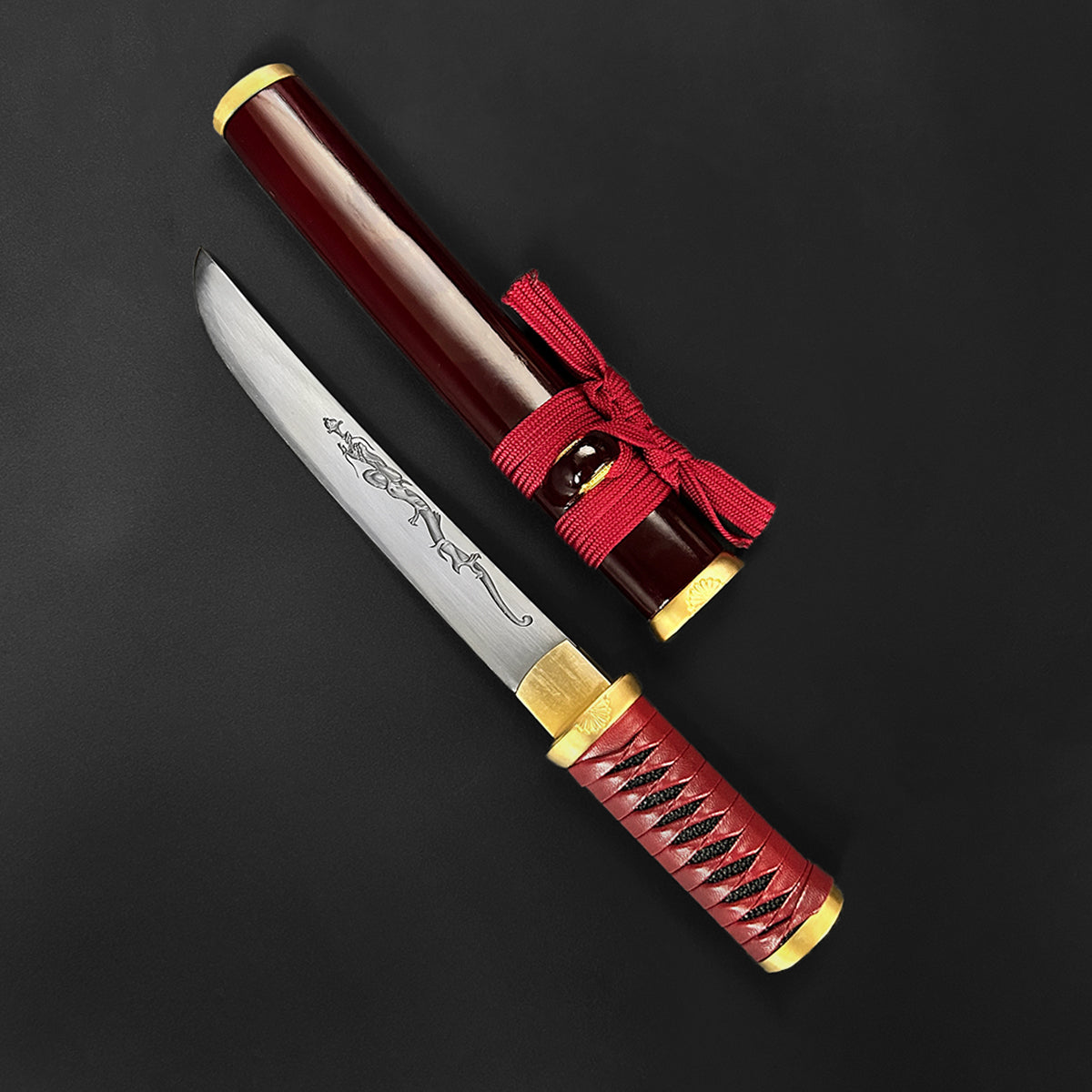 Asuka Tanto - 13.75" Hand forged tanto w/ burgundy wood scabbard.