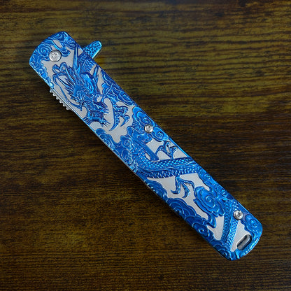 Falcon Dragon Engraved Blue Spring Assisted Pocket Knife