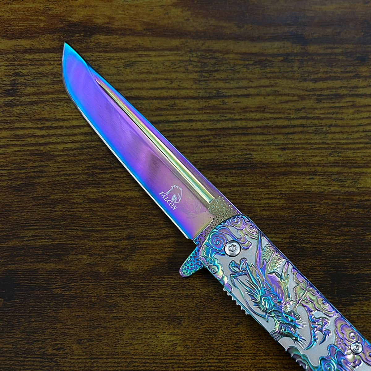 Falcon Dragon Engraved Rainbow Spring Assisted Pocket Knife