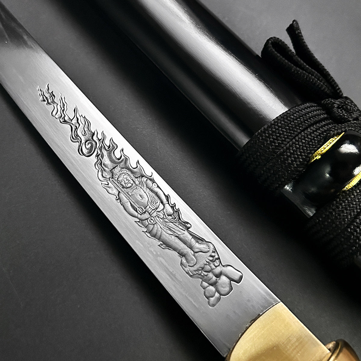 13.75" Hand forged tanto w/ burgundy wood scabbard.