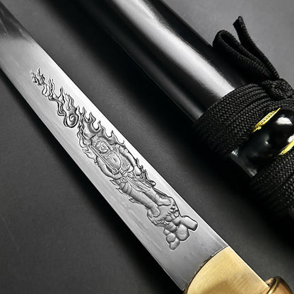 13.75" Hand forged tanto w/ burgundy wood scabbard.