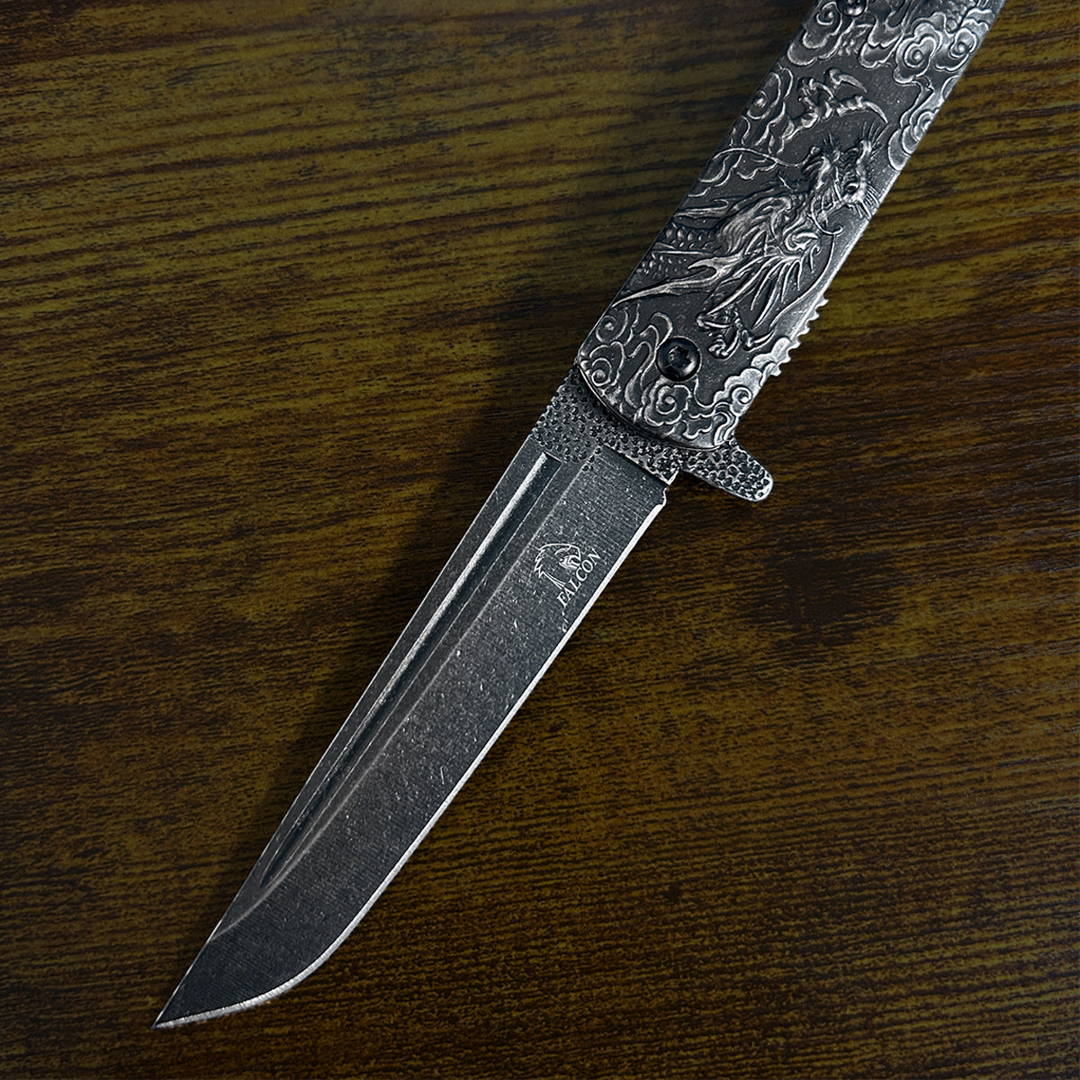Falcon Dragon Engraved Black Spring Assisted Pocket Knife