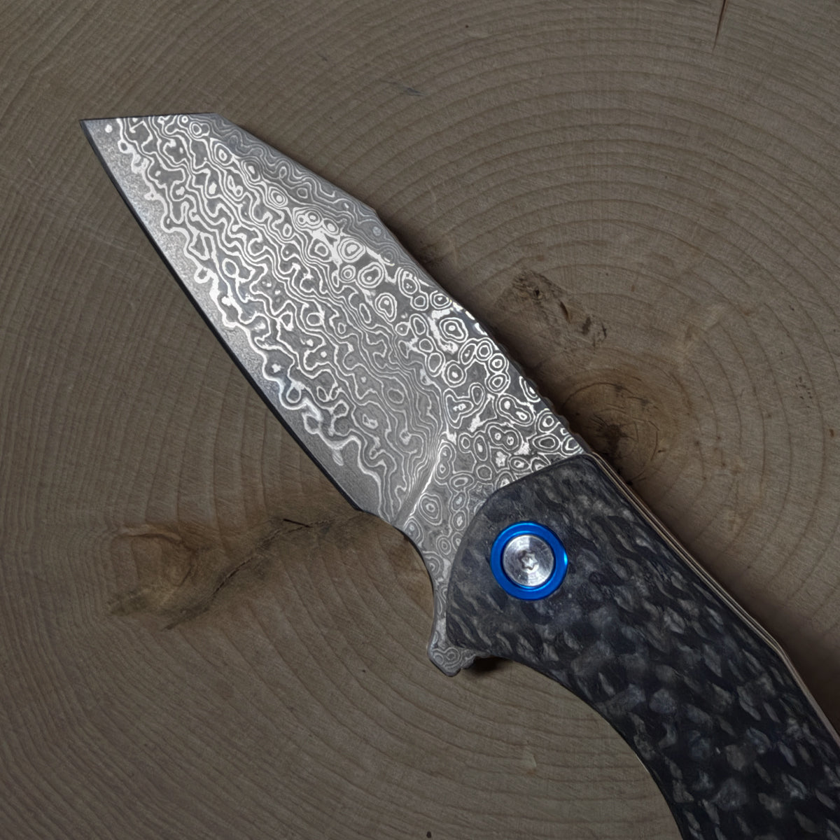 Damascus Ball Bearing Flipper Knife - Black Handle