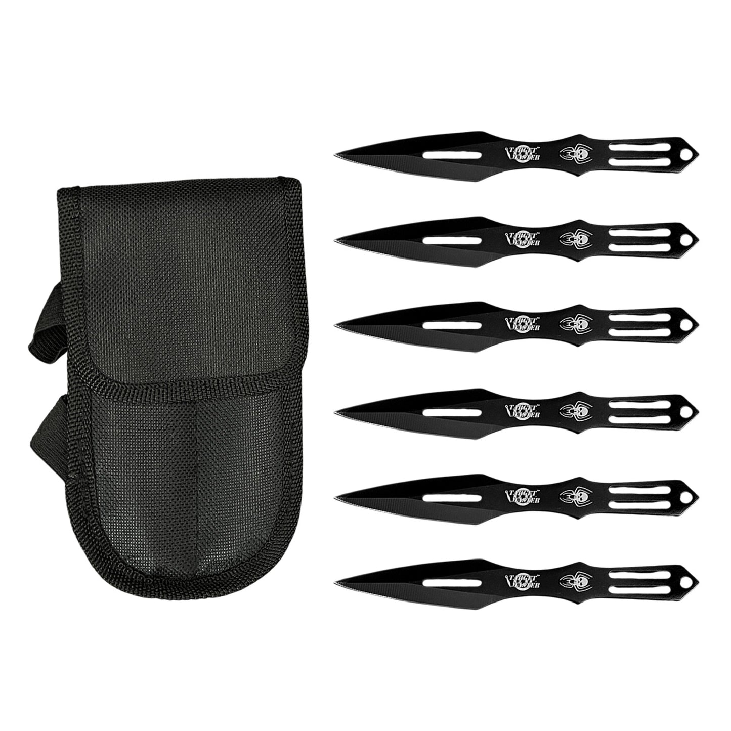 6 Piece Set Throwing Knife Black Blade & Handle w Spider