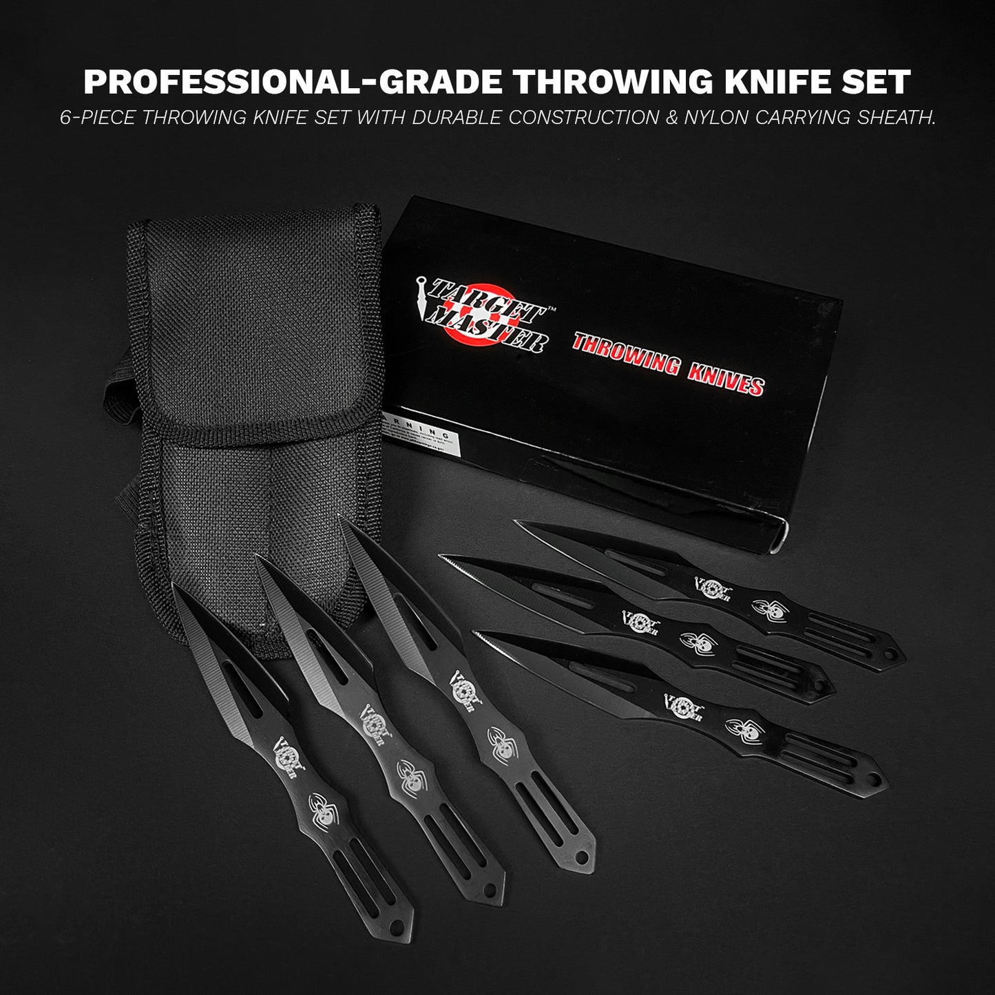 6 Piece Set Throwing Knife Black Blade & Handle w Spider