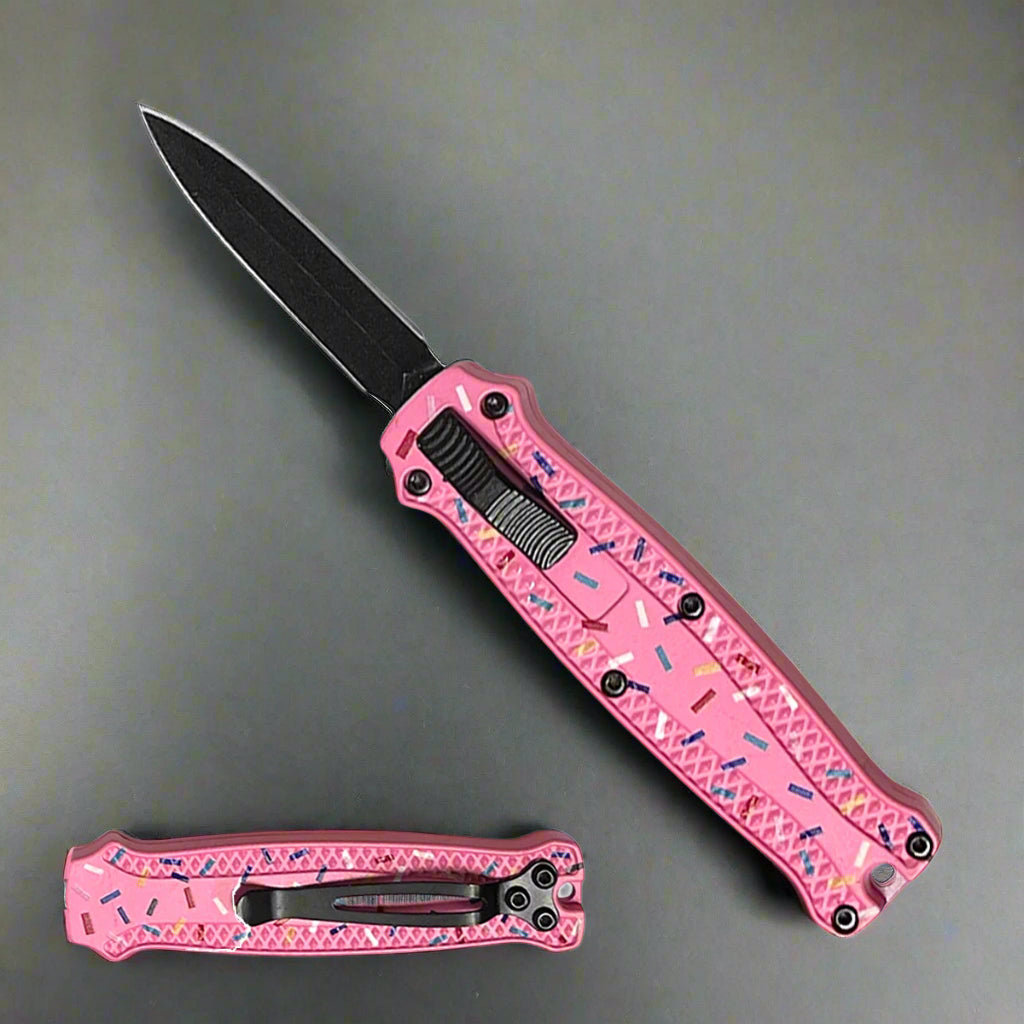 Pink Donut Automatic OTF Knife - Double Edge Blade