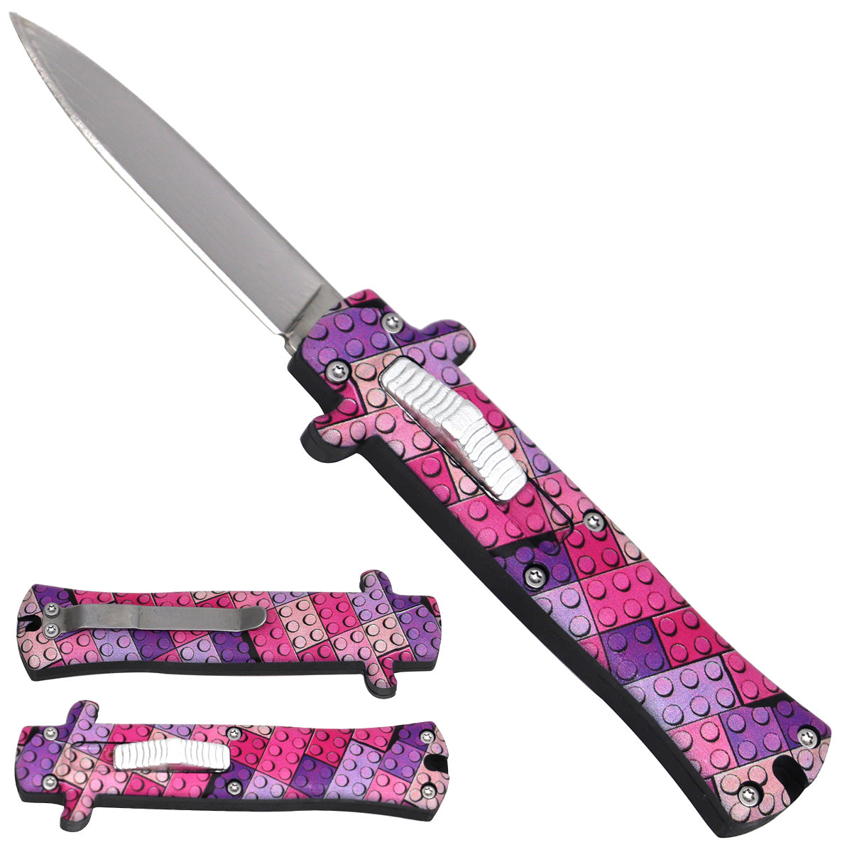 Mini OTF Knife - Pink Building Blocks Handle
