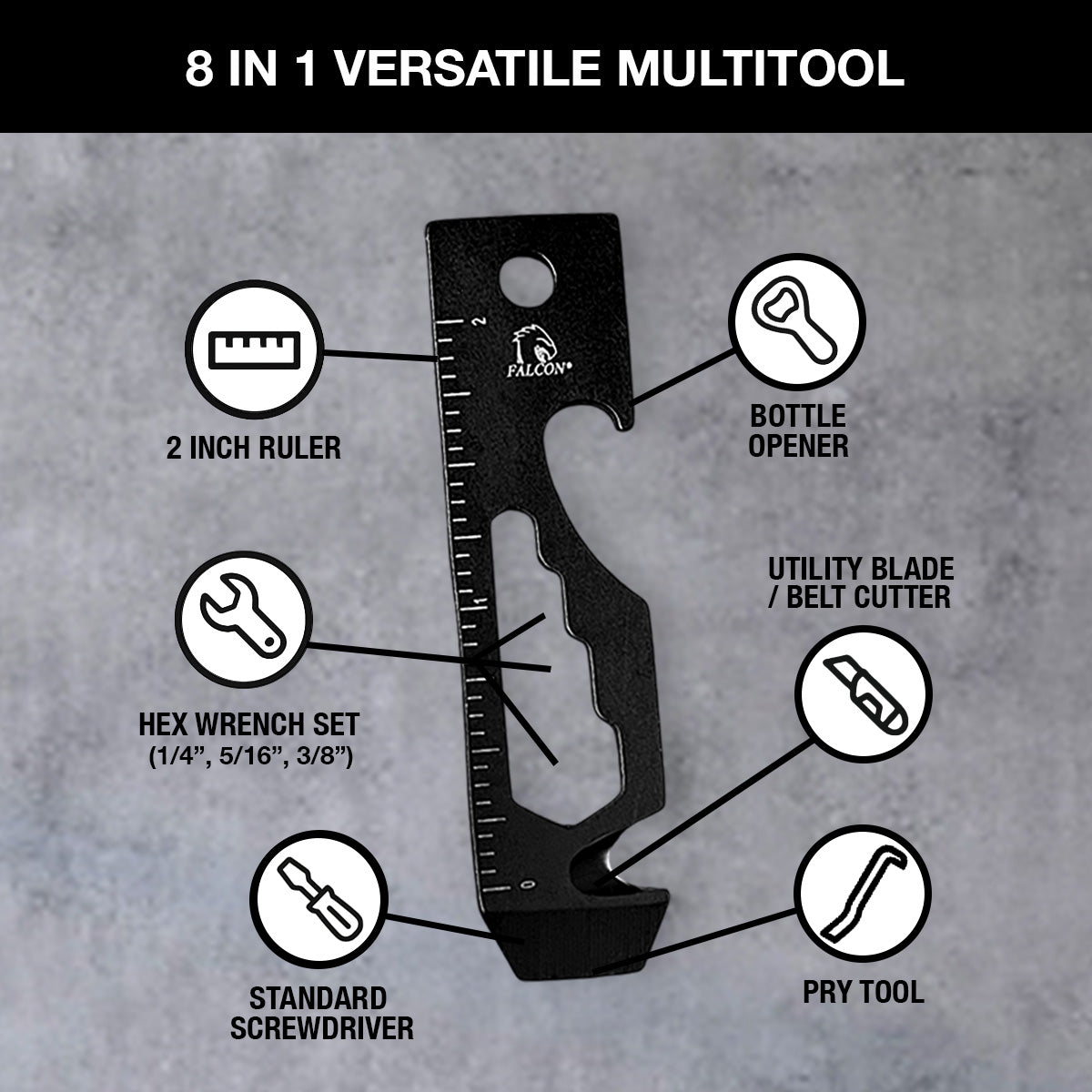 Falcon Black Multi-Tool - 2.7" 8-in-1 Multi-Tool Keychain