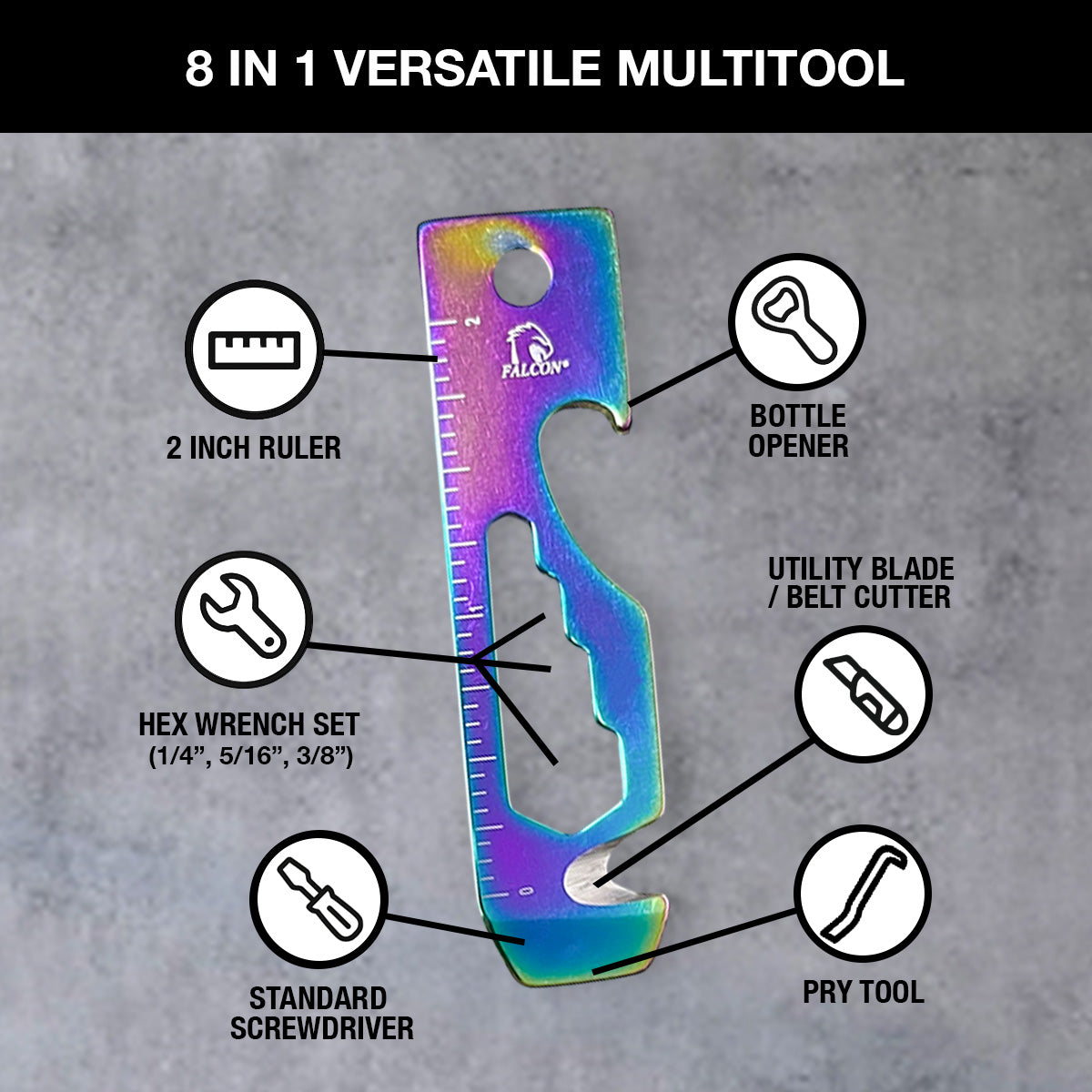 Falcon Rainbow Multi-Tool - 2.7" 8-in-1 Multi-Tool Keychain