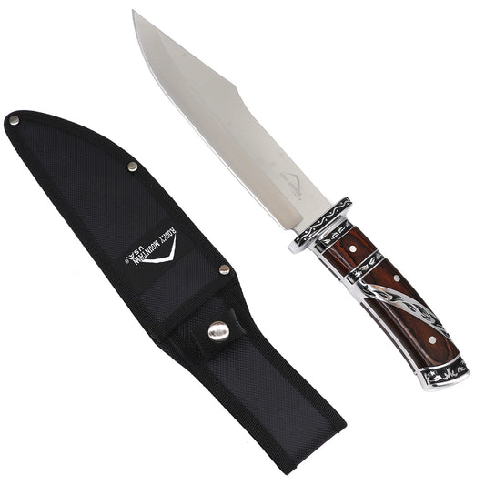 13.5-inch Rocky Mountain hunting knife with wood handle and black nylon sleeve, SKU KC1088