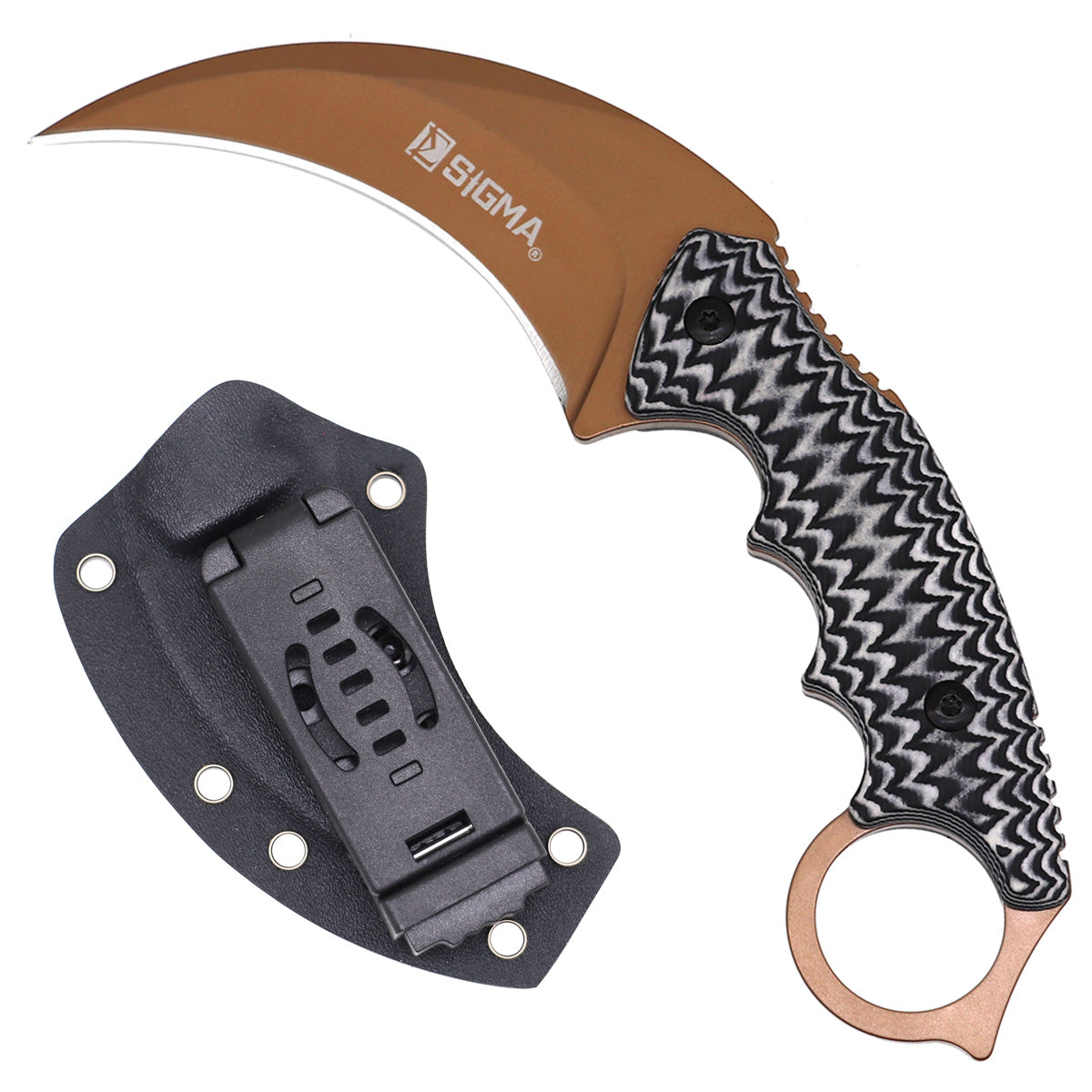 7-inch karambit hunting knife with rose gold blade, black-and-white Micarta handle, and sheath, SKU KC126RBW