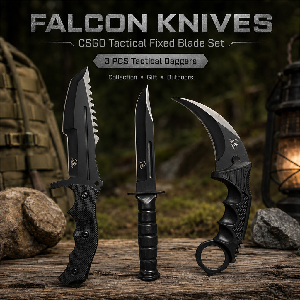 Black 7 1/2" & 8 1/2" Tactical Knife, 7 1/2" Karambit - 3 PCS Set