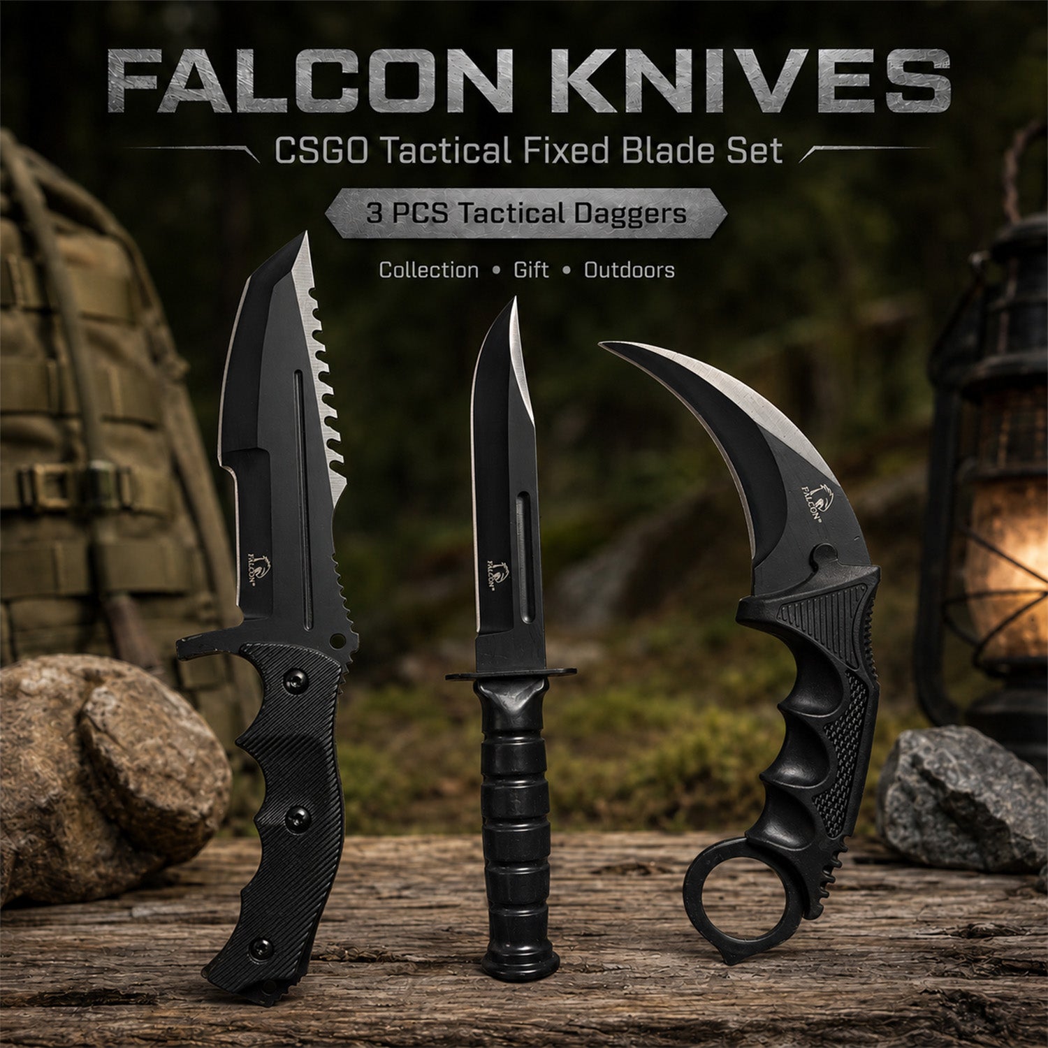 Black 7 1/2" & 8 1/2" Tactical Knife, 7 1/2" Karambit - 3 PCS Set