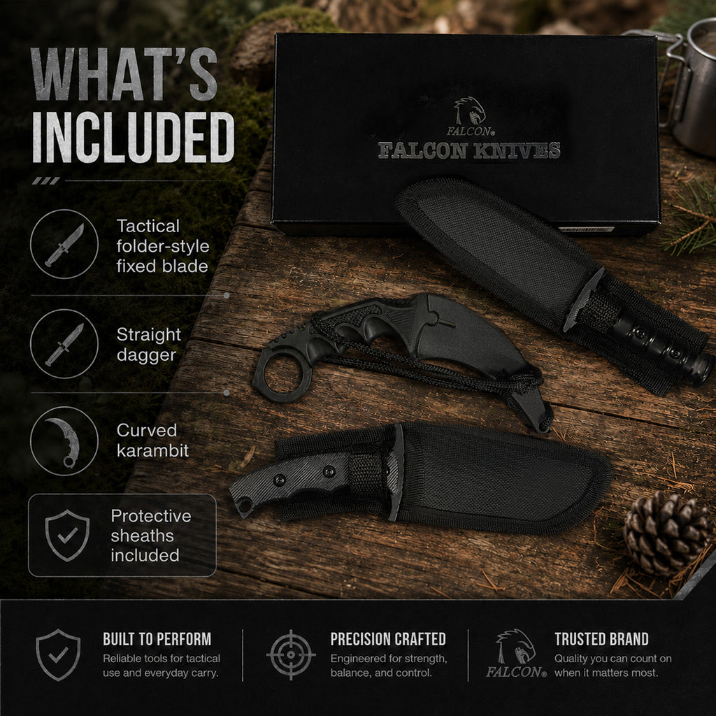 Black 7 1/2" & 8 1/2" Tactical Knife, 7 1/2" Karambit - 3 PCS Set