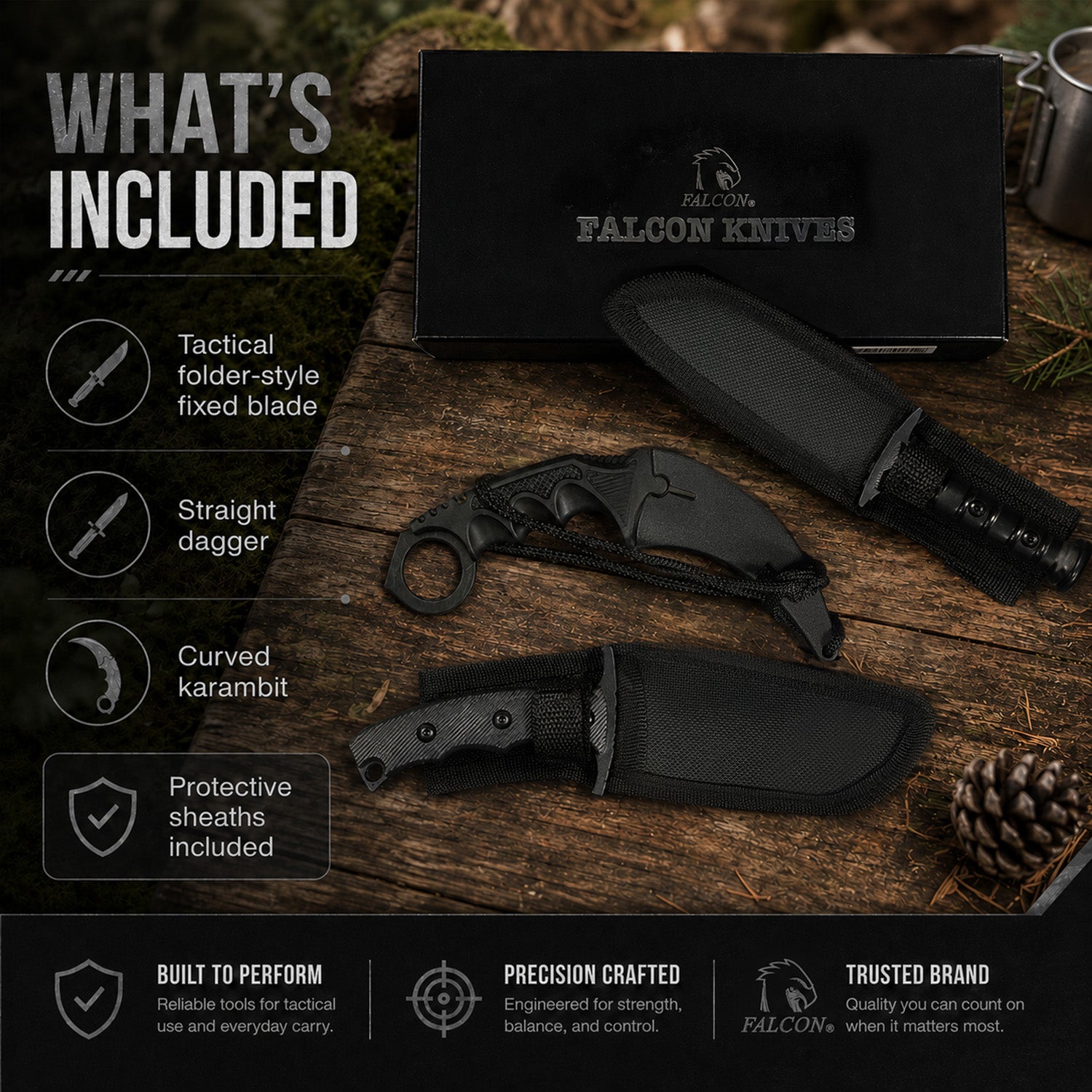 Black 7 1/2" & 8 1/2" Tactical Knife, 7 1/2" Karambit - 3 PCS Set