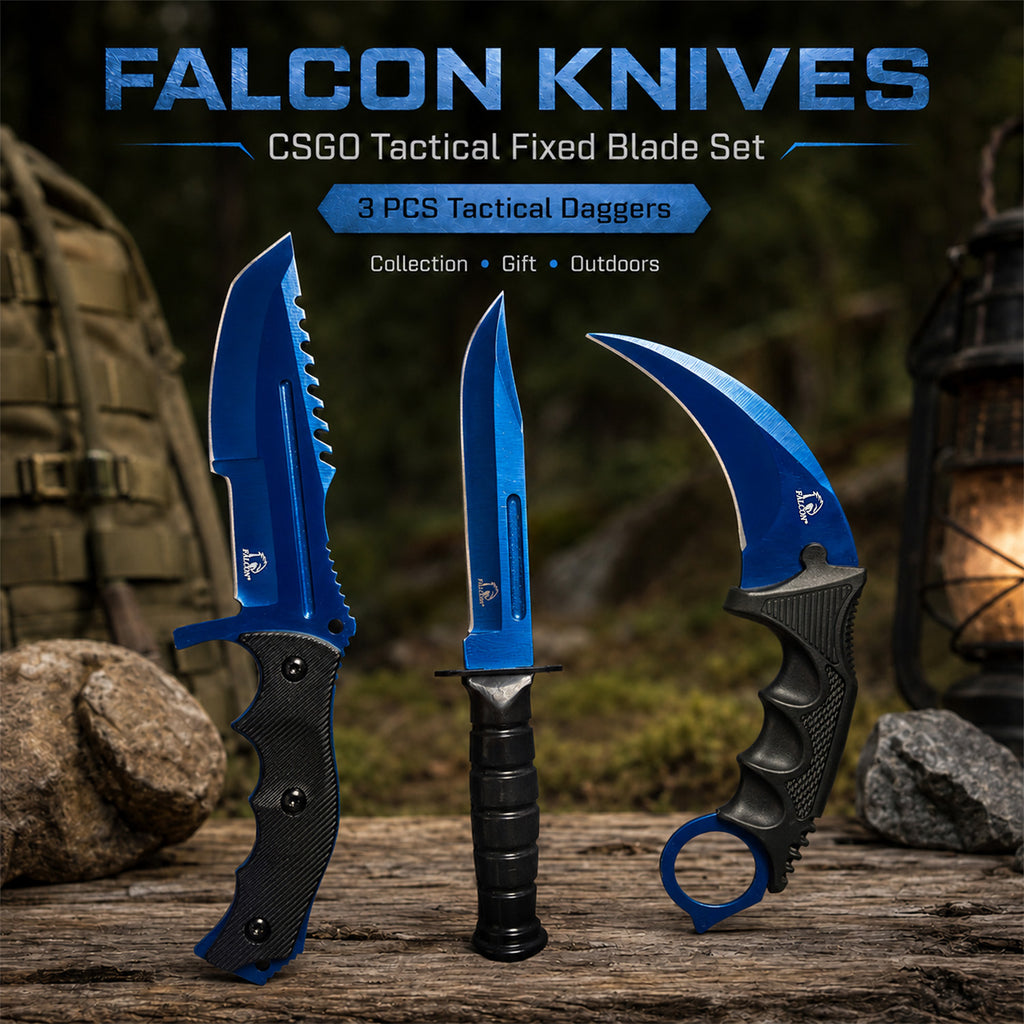 3 Piece Set Blue Blade / Black Handle / Tactical Knife