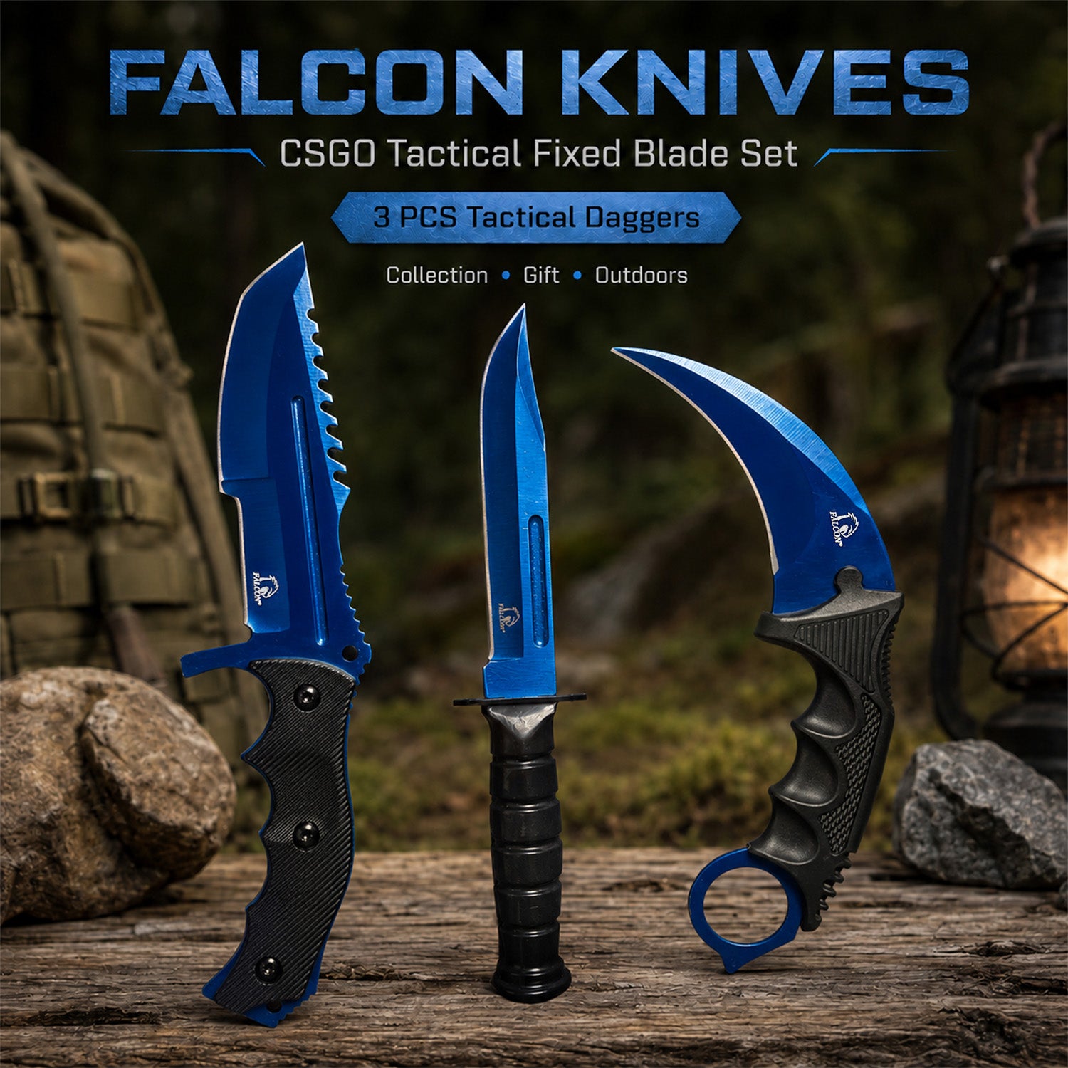 3 Piece Set Blue Blade / Black Handle / Tactical Knife