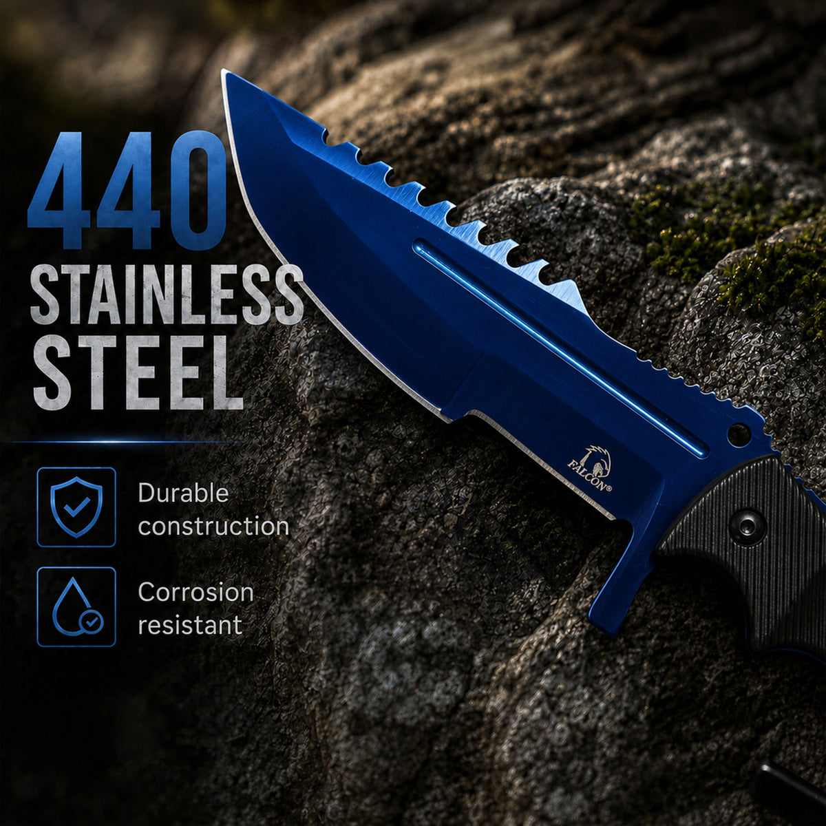 3 Piece Set Blue Blade / Black Handle / Tactical Knife