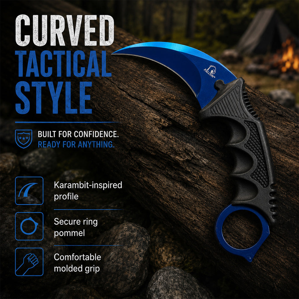 Blue tactical karambit knife on wood.