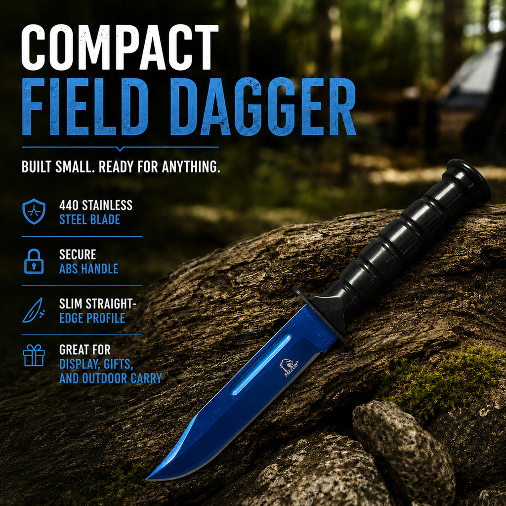 Blue Falcon field dagger on wood.