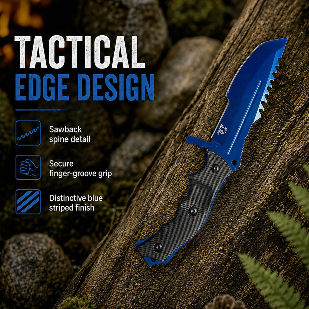 Tactical blue sawback fixed-blade knife.