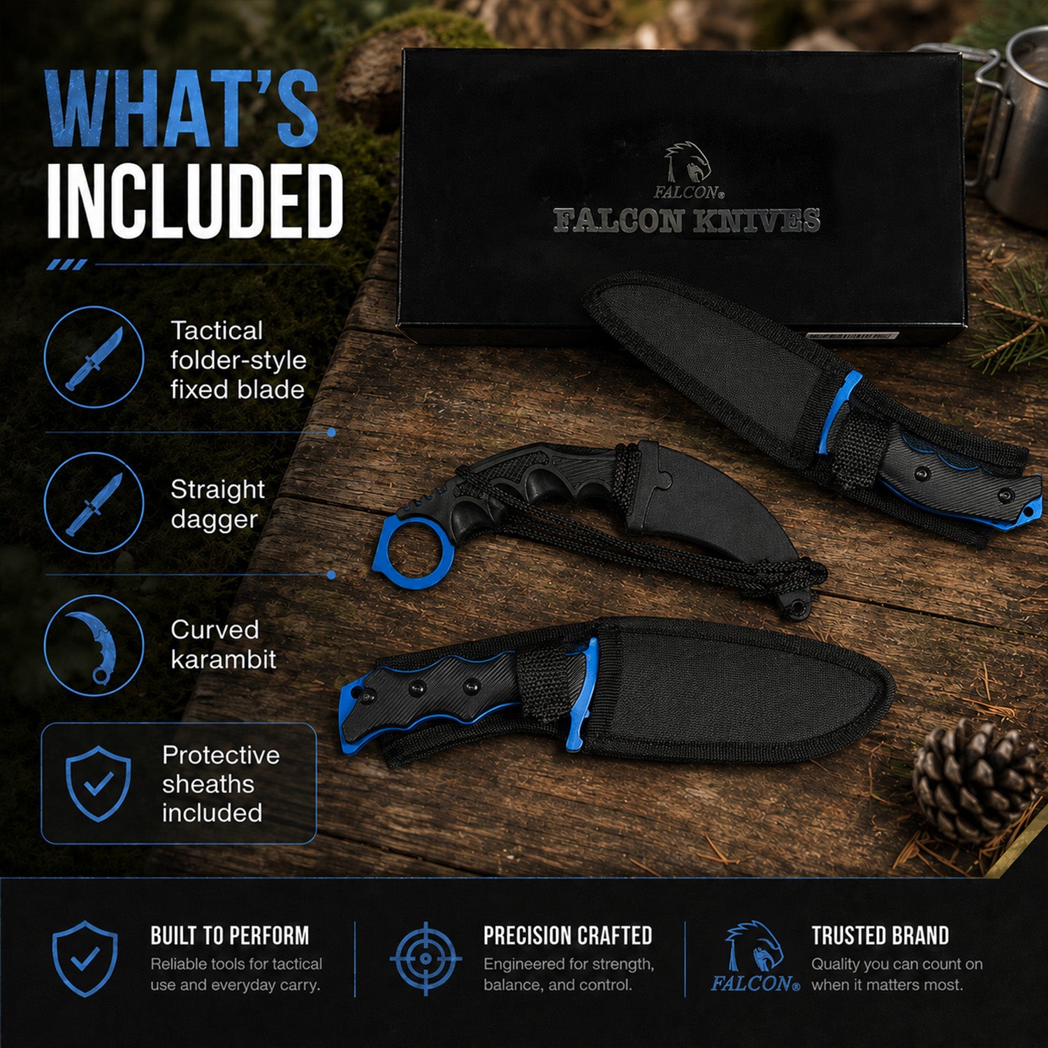 3 Piece Set Blue Blade / Black Handle / Tactical Knife