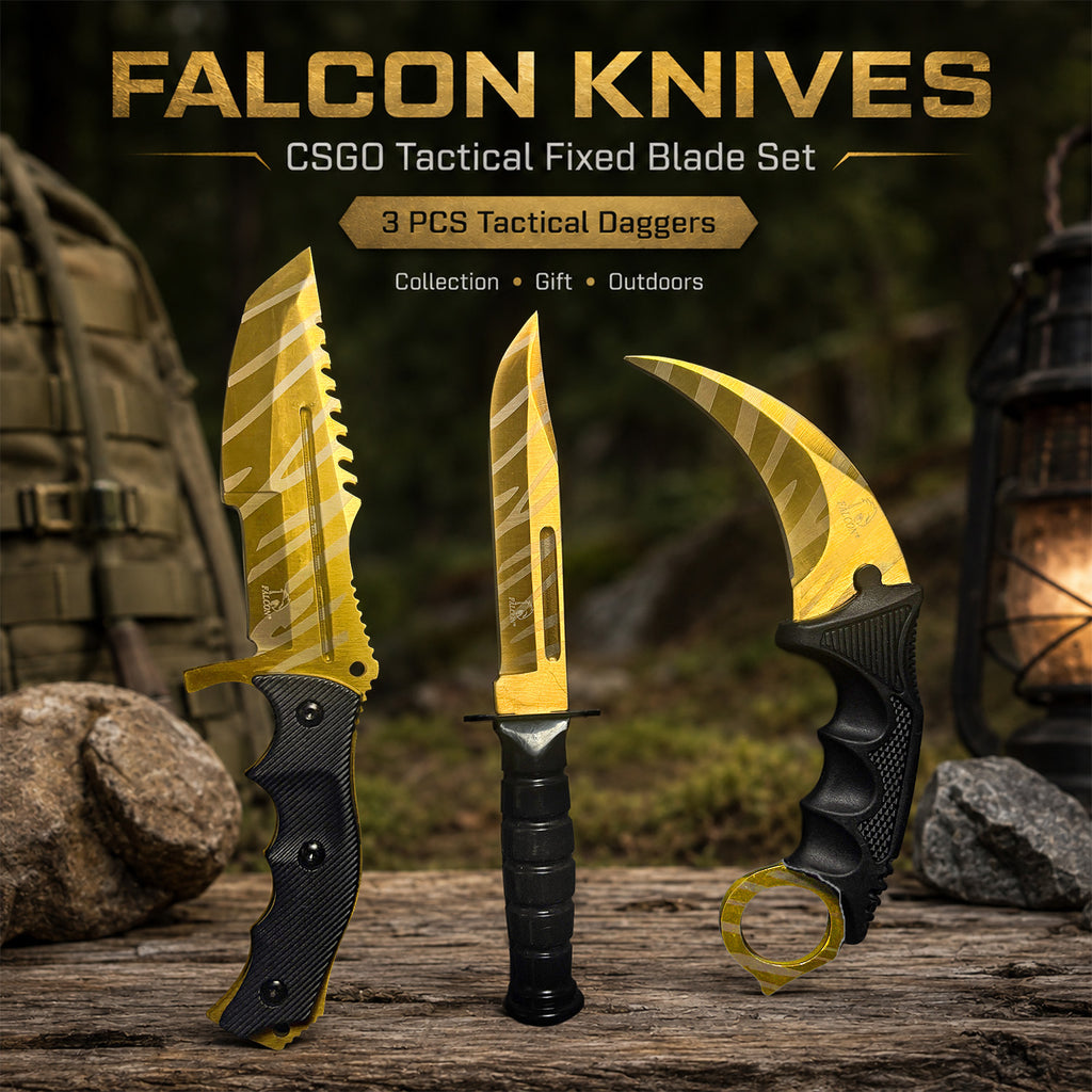Three gold tiger-striped tactical daggers.