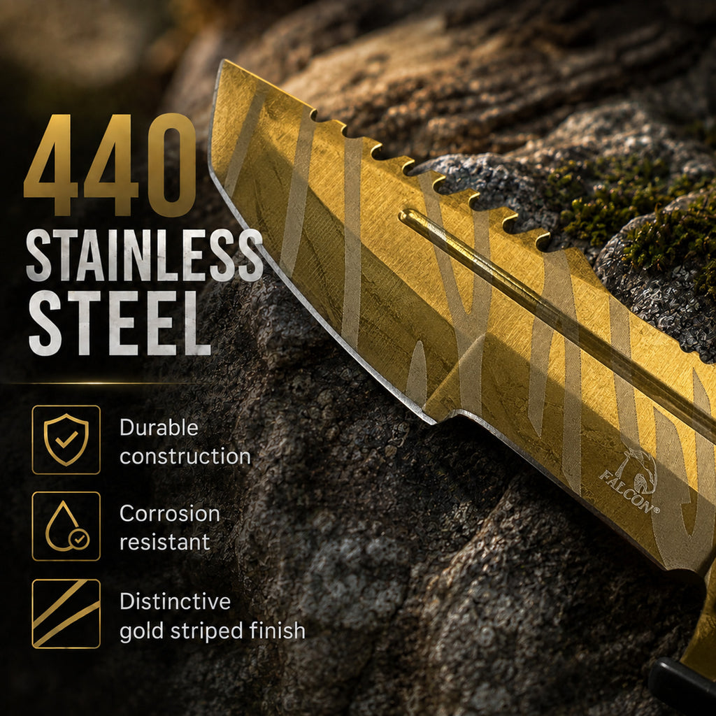Gold tiger-striped serrated stainless steel knife.