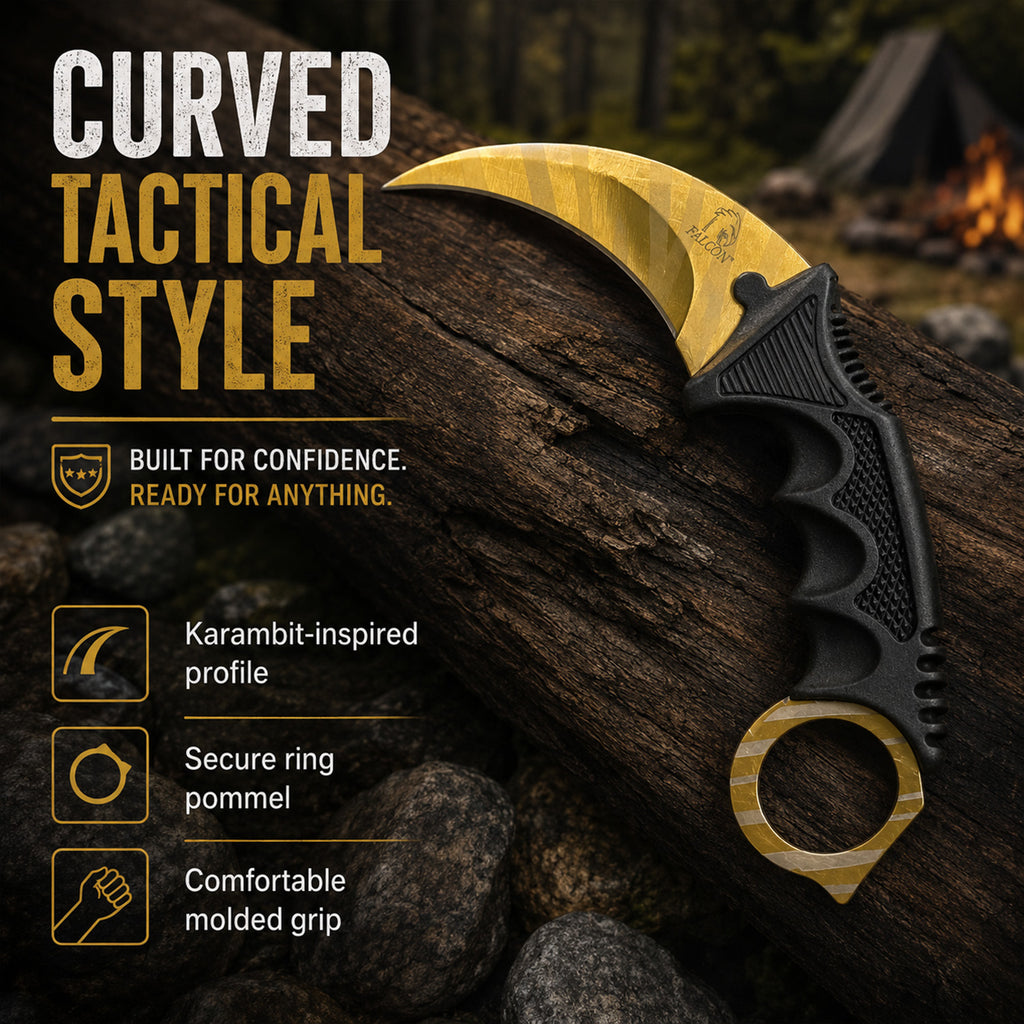 Gold tactical karambit knife on wood.